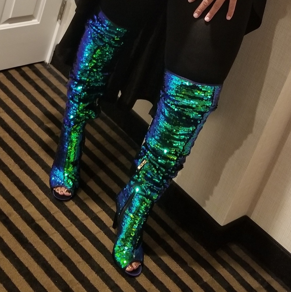 Over The Knee Peep Toe Sequin Stiletto Boot